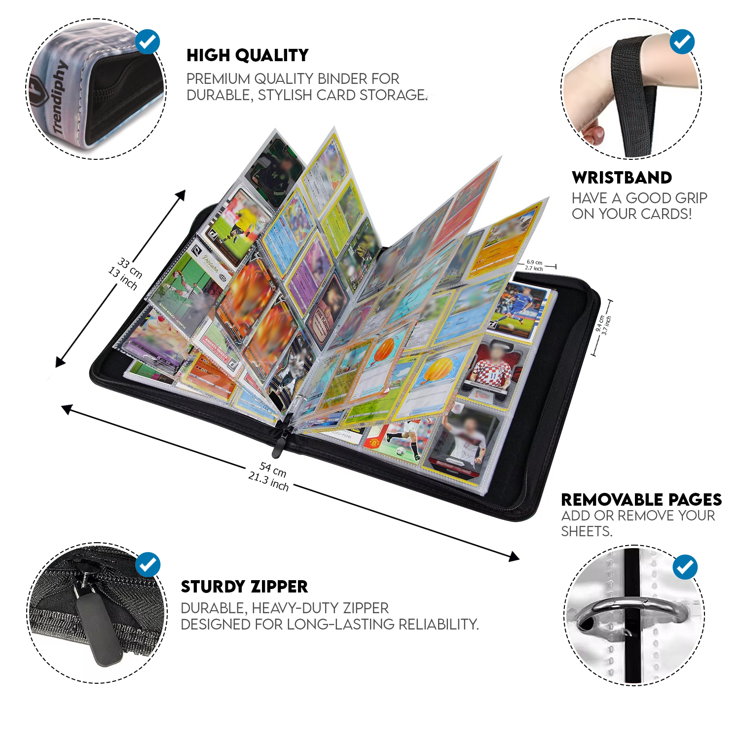 900 Pocket Trading Card Binder 50 Removable Sheets, Premium Zippered Trendiphy 900 Pocket Trading Card Binder 50 Removable Sheets, Premium Zippered Trendiphy