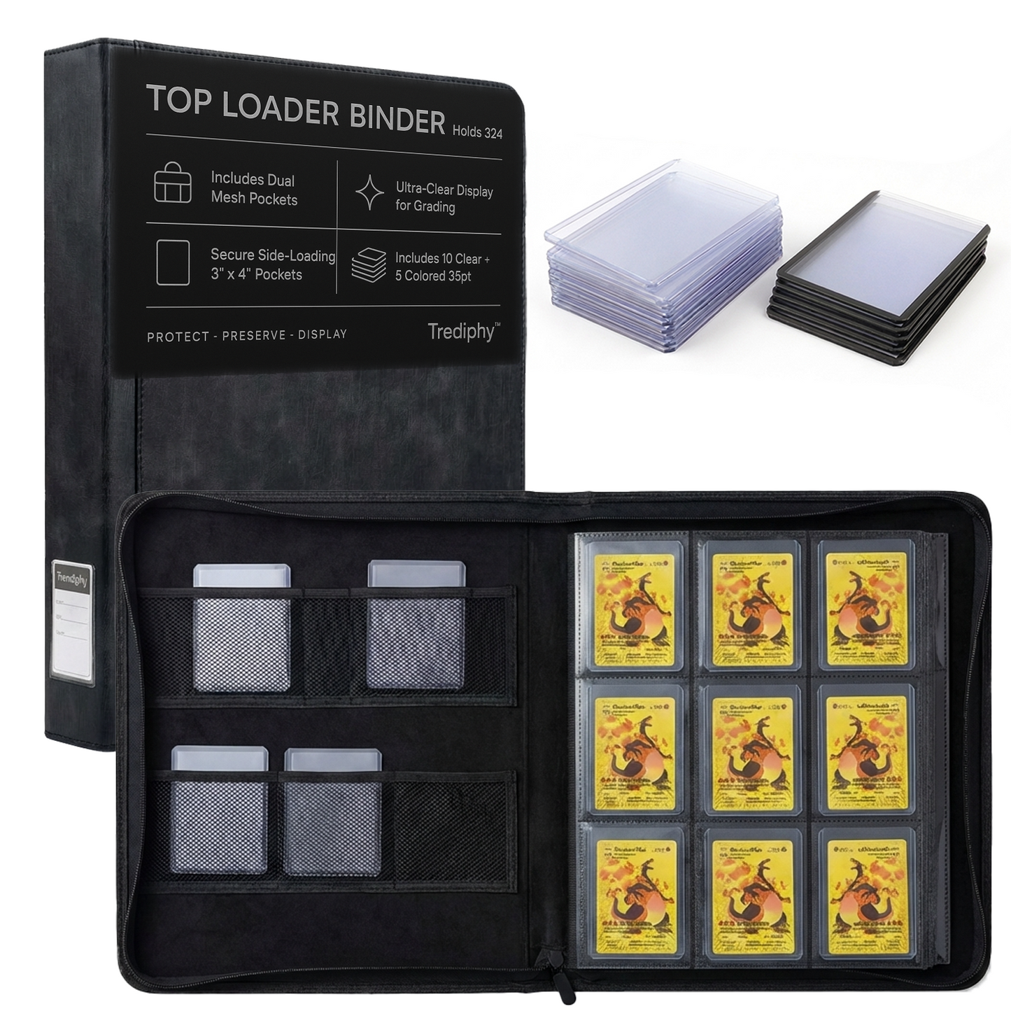 Top Loader Binder 324 Pocket, Holds 324 Toploaders, Includes 15 Toploaders, Zippered Pokémon & TCG Card Binder