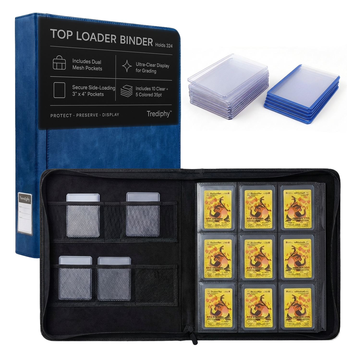 Top Loader Binder 324 Pocket, Holds 324 Toploaders, Includes 15 Toploaders, Zippered Pokémon & TCG Card Binder